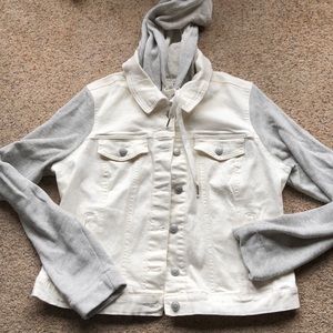 White denim jacket with gray sleeves and hood